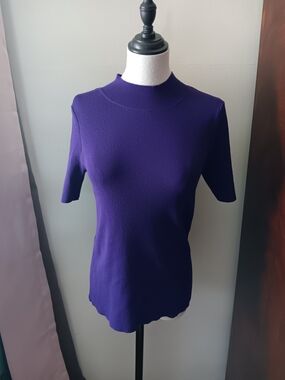 Tahari ASL Deep Purple Short-Sleeve Mock Neck Top
